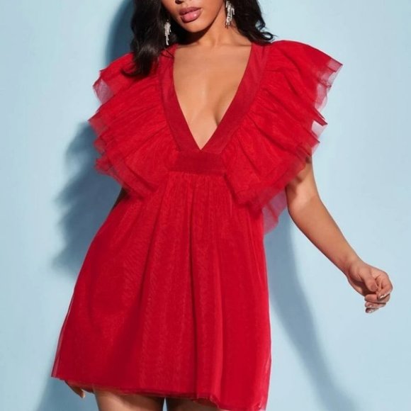 Plunging Neckline Ruffle detailed Mesh Overlayed Red mini Dress - Picture 1 of 6